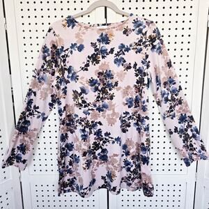 J Jill Pure Jill Velour Tunic Pink Floral Long Sleeve Top with Pockets SIZE M